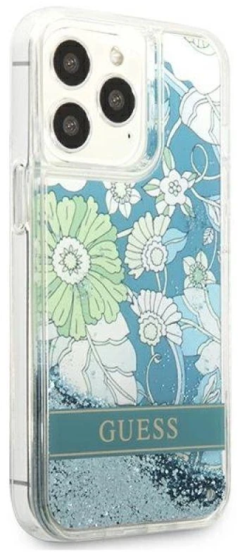 Guess GUHCP13XLFLSN Apple iPhone 13 Pro Max 6,7″ žalias kietas dėklas Flower Liquid Glitter