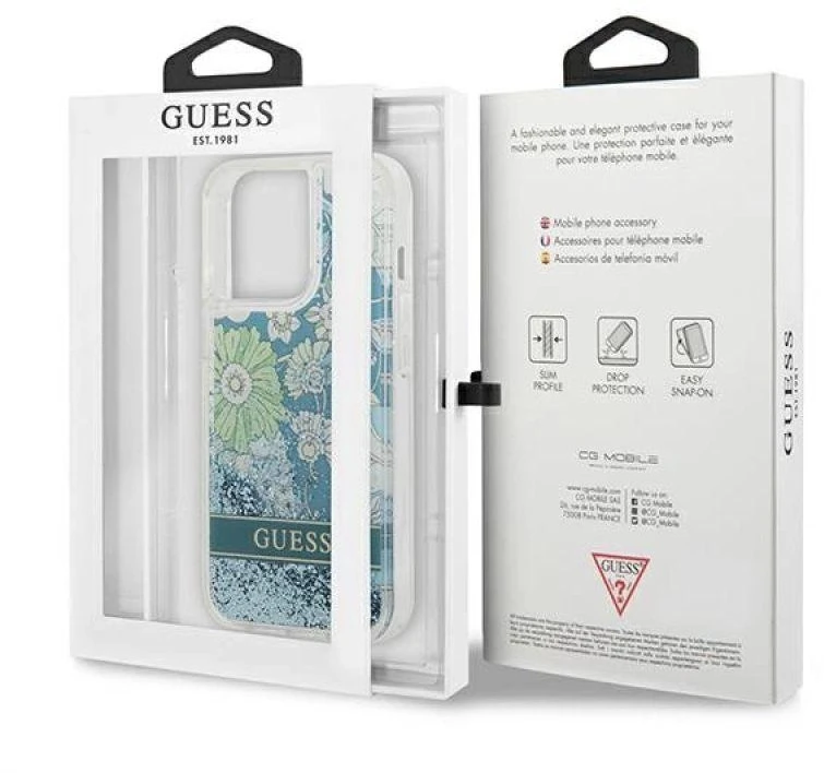 Guess GUHCP13XLFLSN Apple iPhone 13 Pro Max 6,7″ žalias kietas dėklas Flower Liquid Glitter