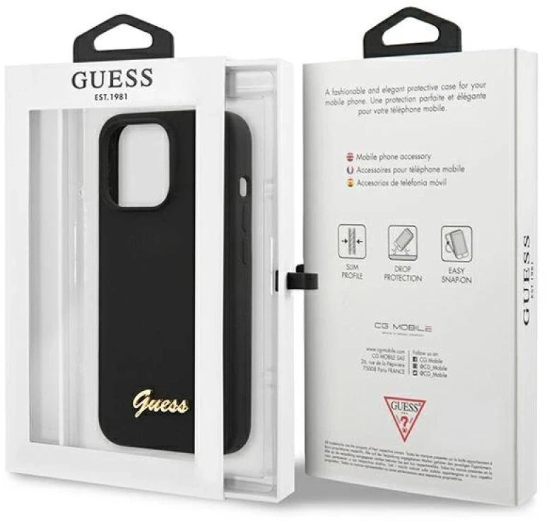 Dėklas Guess GUHCP13XLSLMGBK Apple iPhone 13 Pro Max 6.7″ juodos spalvos hardc ase Silicone Script Gold Logo
