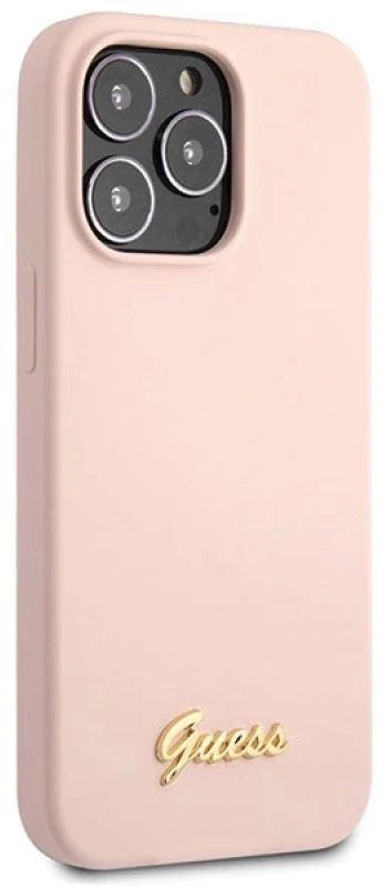 Guess GUHCP13XLSLMGLP Apple iPhone 13 Pro Max 6.7″ light rožinės spalvos kietas dėklas Silicone Script Gold Log