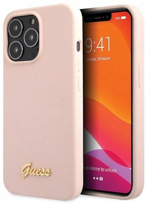 Guess GUHCP13XLSLMGLP Apple iPhone 13 Pro Max 6.7″ light rožinės spalvos kietas dėklas Silicone Script Gold Log