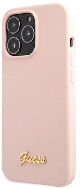 Guess GUHCP13XLSLMGLP Apple iPhone 13 Pro Max 6.7″ light rožinės spalvos kietas dėklas Silicone Script Gold Log