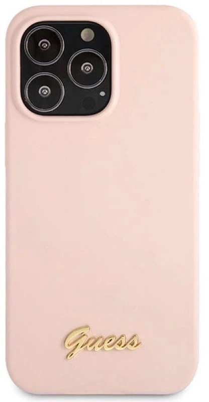 Guess GUHCP13XLSLMGLP Apple iPhone 13 Pro Max 6.7″ light rožinės spalvos kietas dėklas Silicone Script Gold Log