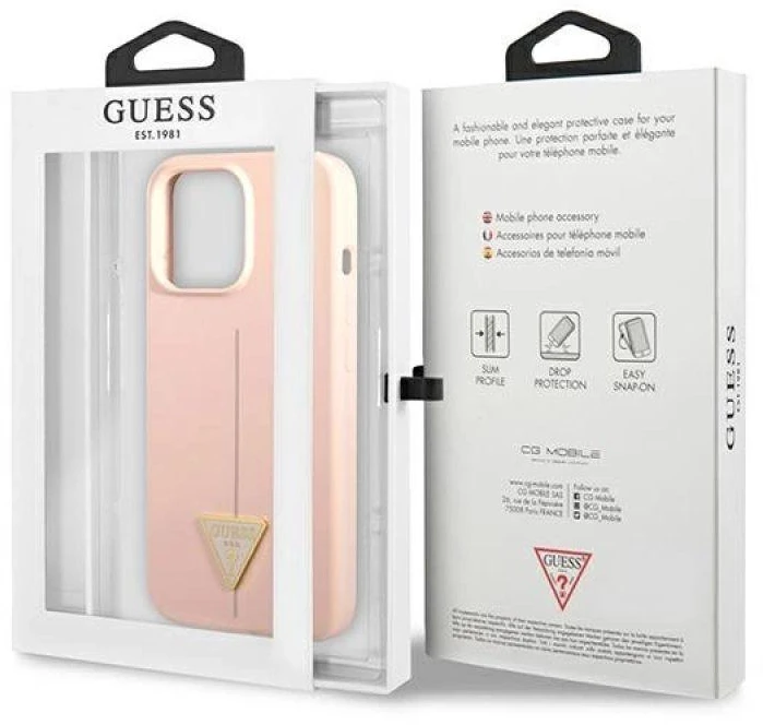 Guess GUHCP13XSLTGP Apple iPhone 13 Pro Max 6,7″ rožinės spalvos kietas dėklas Silicone Triangle