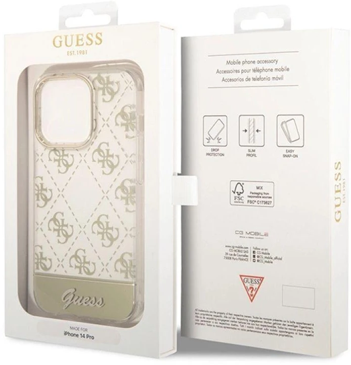 Guess GUHCP14LHG4MHG Apple iPhone 14 Pro 6,1″ auksinis kietas dėklas 4G Pattern Script