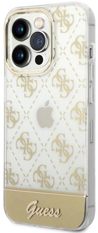 Guess GUHCP14LHG4MHG Apple iPhone 14 Pro 6,1″ auksinis kietas dėklas 4G Pattern Script