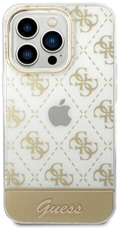 Guess GUHCP14LHG4MHG Apple iPhone 14 Pro 6,1″ auksinis kietas dėklas 4G Pattern Script