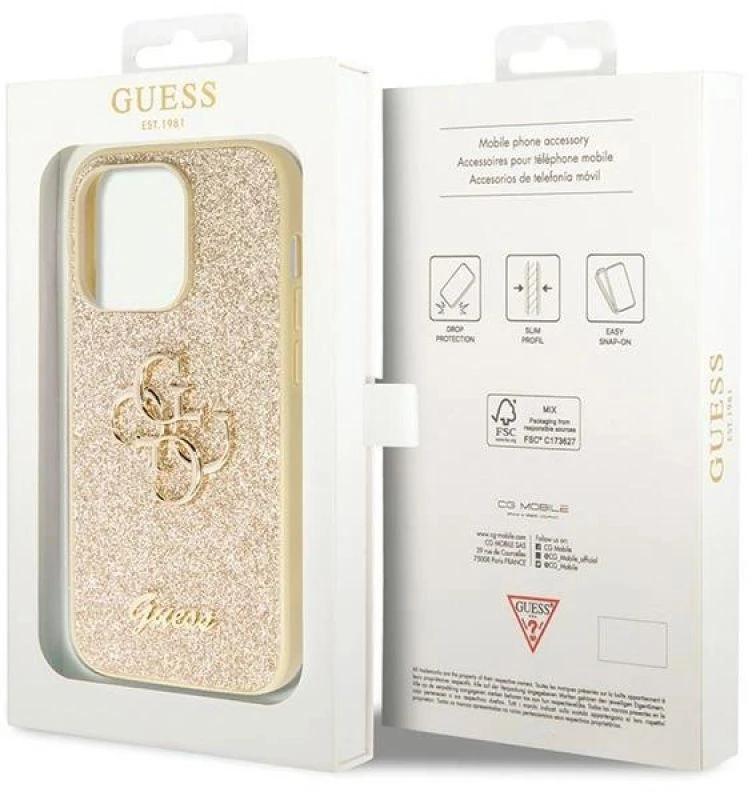 Guess GUHCP14LHG4SGD Apple iPhone 14 Pro 6.1″ auksinis kietas dėklas Glitter Script Big 4G