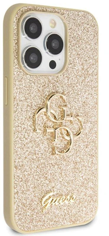 Guess GUHCP14LHG4SGD iPhone 14 Pro 6.1″ auksinis kietas dėklas Glitter Script Big 4G