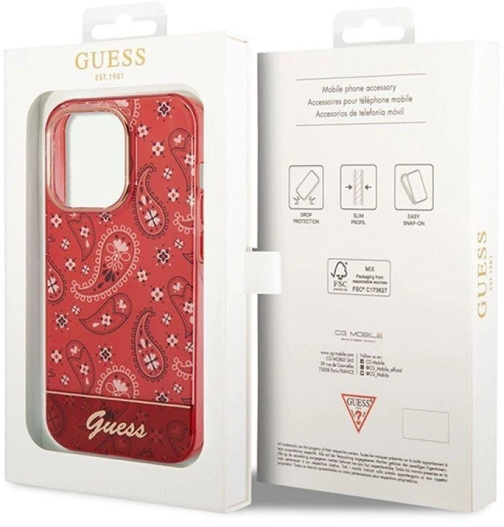 „Guess“ GUHCP14LHGBNHR iPhone 14 Pro 6.1" raudonas/raudonas kietas dėklas su „Bandana Paisley“ raštu