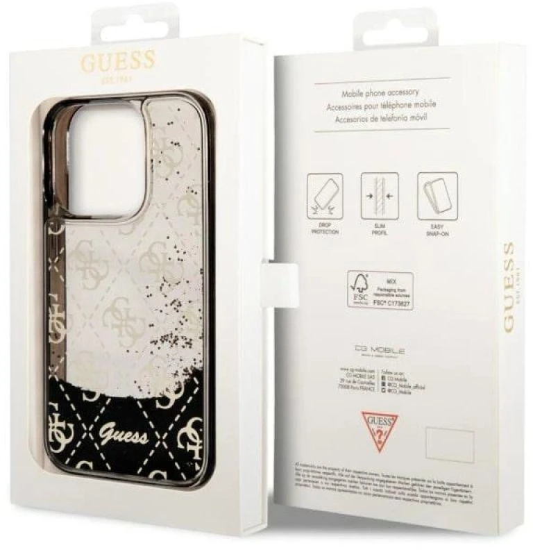 Guess GUHCP14LLC4PSGK Apple iPhone 14 Pro 6.1″ juodos spalvos kietas dėklas Liquid Glitter 4G Transculent