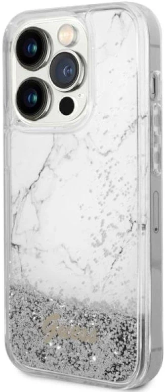 Guess GUHCP14LLCSGSGH Apple iPhone 14 Pro 6.1″ baltos spalvos kietas dėklas Liquid Glitter Marble