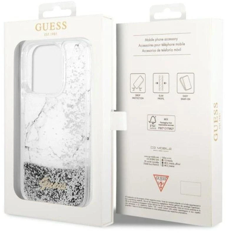 Guess GUHCP14LLCSGSGH Apple iPhone 14 Pro 6.1″ baltos spalvos kietas dėklas Liquid Glitter Marble