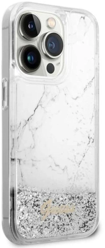 Guess GUHCP14LLCSGSGH Apple iPhone 14 Pro 6.1″ baltos spalvos kietas dėklas Liquid Glitter Marble
