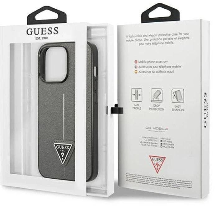 Dėklas Guess GUHCP14LPSATLG iPhone 14 Pro 6,1" sidabrinė/sidabrinis hardcase SaffianoTriangle Logo