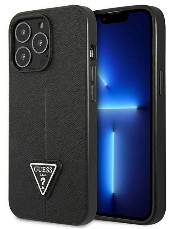Guess GUHCP14LPSATLK Apple iPhone 14 Pro 6,1″ juodos spalvos kietas dėklas SaffianoTriangle Logo