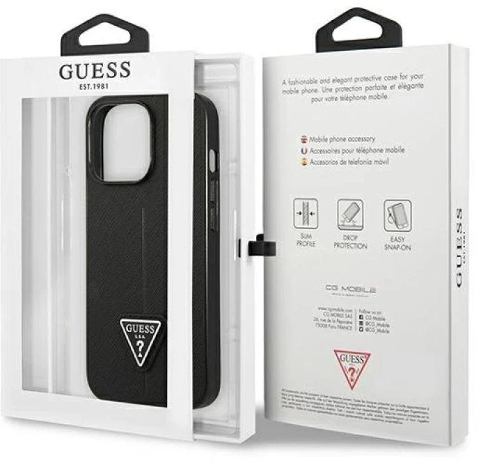 Guess GUHCP14LPSATLK Apple iPhone 14 Pro 6,1″ juodos spalvos kietas dėklas SaffianoTriangle Logo