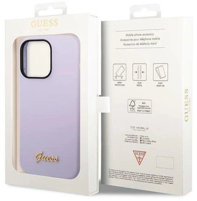 Guess GUHCP14LSLSMU Apple iPhone 14 Pro 6,1″ violetinės spalvos kietas dėklas Silicone Vintage Gold Logo