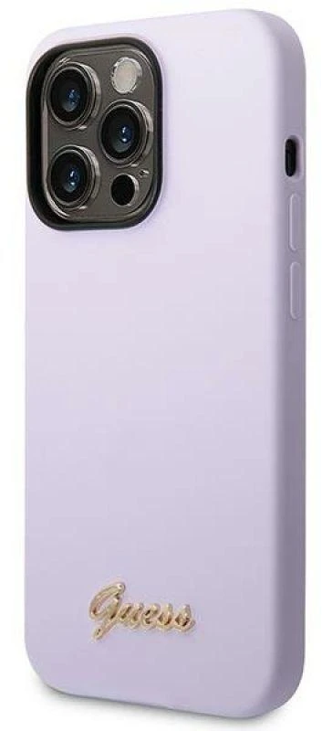 Guess GUHCP14LSLSMU Apple iPhone 14 Pro 6,1″ violetinės spalvos kietas dėklas Silicone Vintage Gold Logo