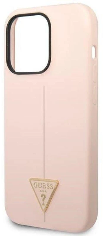 Guess GUHCP14LSLTGP iPhone 14 Pro 6,1 colio eilinis/rožinis kietas dėklas, silikoninis trikampis