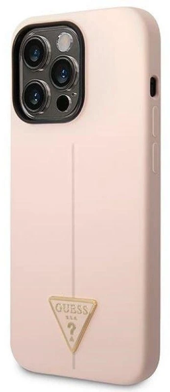 Guess GUHCP14LSLTGP iPhone 14 Pro 6,1 colio eilinis/rožinis kietas dėklas, silikoninis trikampis