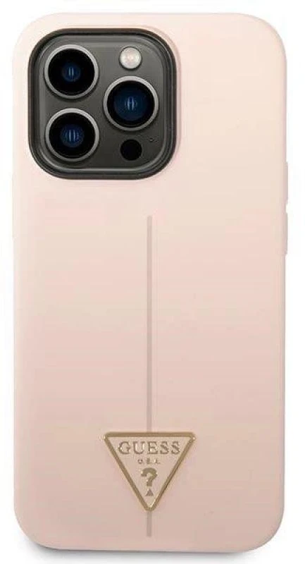 Guess GUHCP14LSLTGP iPhone 14 Pro 6,1 colio eilinis/rožinis kietas dėklas, silikoninis trikampis