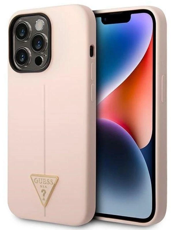 Guess GUHCP14LSLTGP iPhone 14 Pro 6,1 colio eilinis/rožinis kietas dėklas, silikoninis trikampis