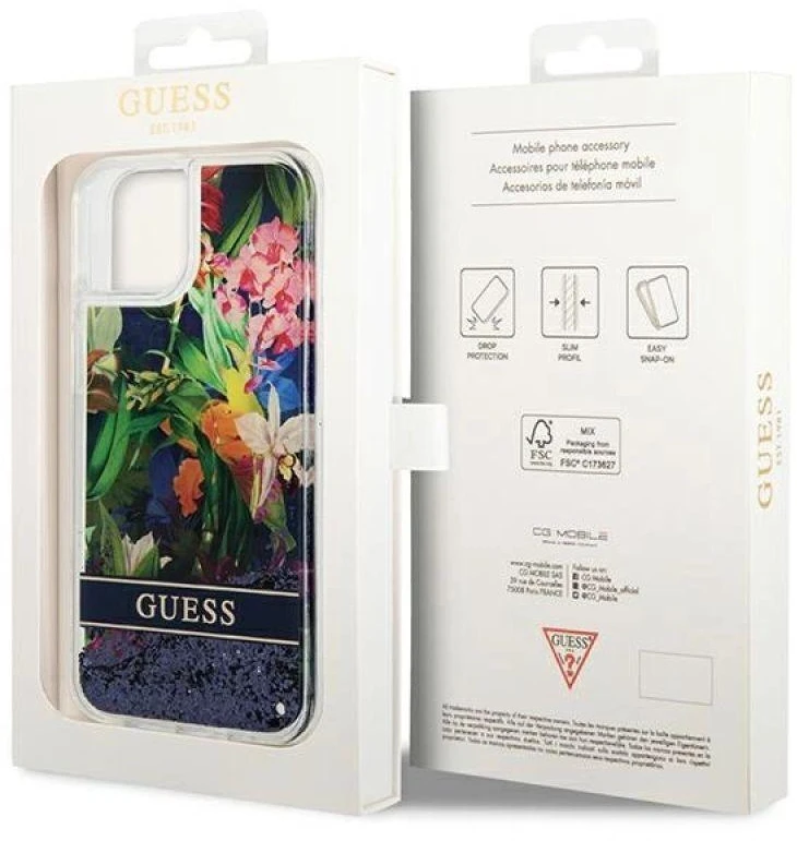Dėklas GUESS Hardcase Flower Liquid Glitter GUHCP14MLFLSB galinis dangtelis, Apple, iPhone 14 Plus, Mėlyna, 6,7 "