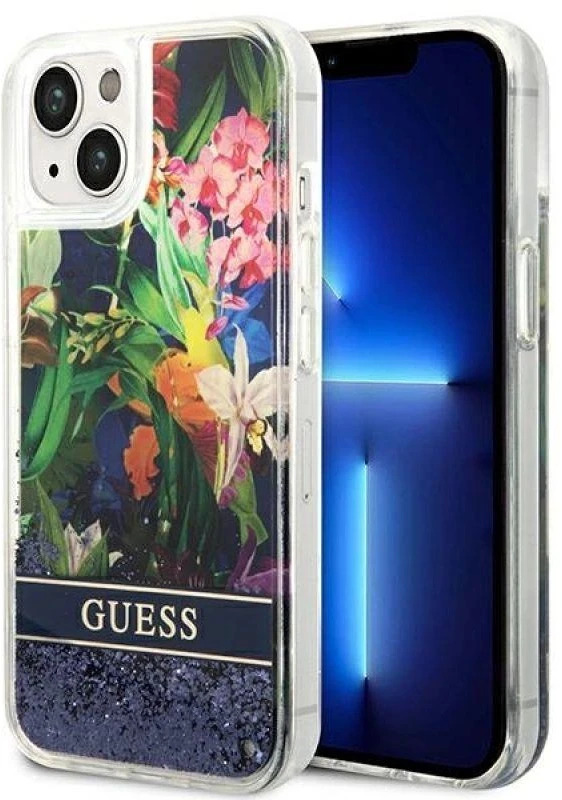 Dėklas GUESS Hardcase Flower Liquid Glitter GUHCP14MLFLSB galinis dangtelis, Apple, iPhone 14 Plus, Mėlyna, 6,7 "