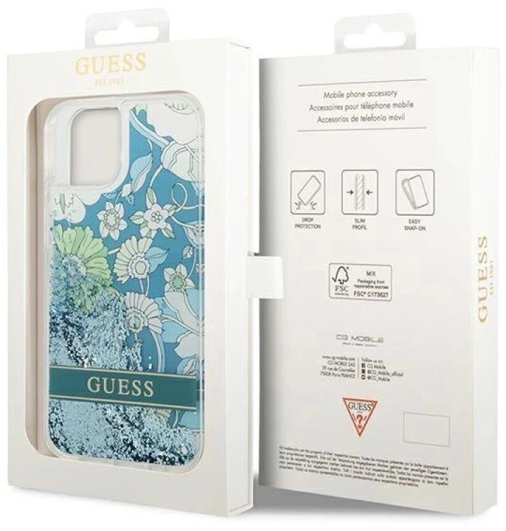 Dėklas GUESS GUHCP14MLFLSN IPHONE 14 PLUS / 15 PLUS 6.7 "Žalias / Žalias HARDCASE FLOWER LIQUID GLITTER