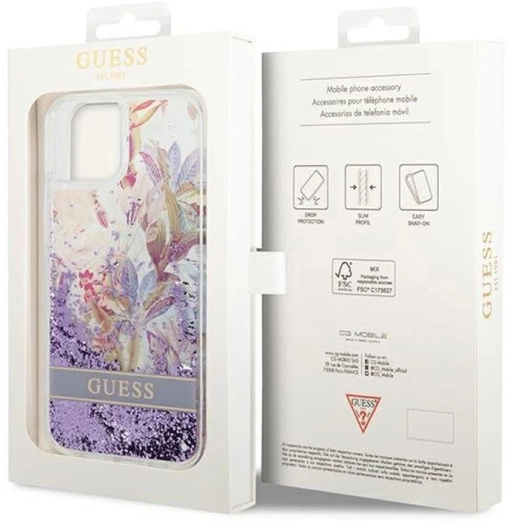 Dėklas GUESS GUHCP14MLFLSU IPHONE 14 PLUS / 15 PLUS 6.7 "PURPLE / PURPLE HARDCASE FLOWER LIQUID GLITTER