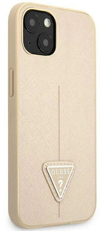 Guess GUHCP14MPSATLE iPhone 14 Plus / 15 Plus 6.7″ smėlio spalvos kietas dėklas SaffianoTriangle Logo