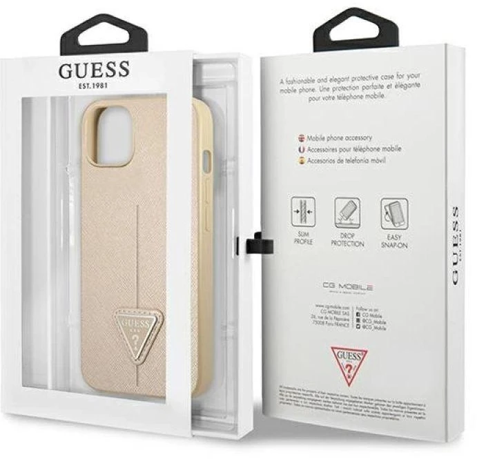 Guess GUHCP14MPSATLE Apple iPhone 14 Plus / 15 Plus 6.7″ beige kietas dėklas SaffianoTriangle Logo