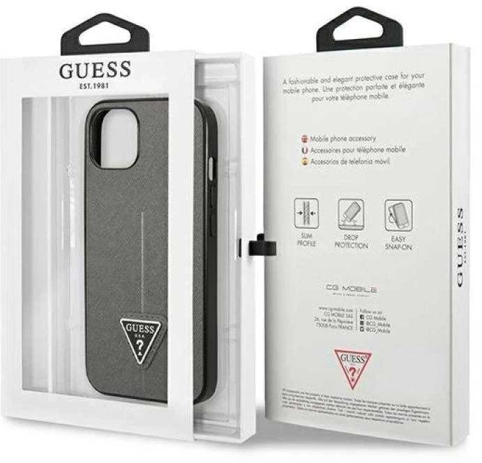 Guess GUHCP14MPSATLG Apple iPhone 14 Plus/ 15 Plus 6.7″ sidabrinis kietas dėklas SaffianoTriangle Logo
