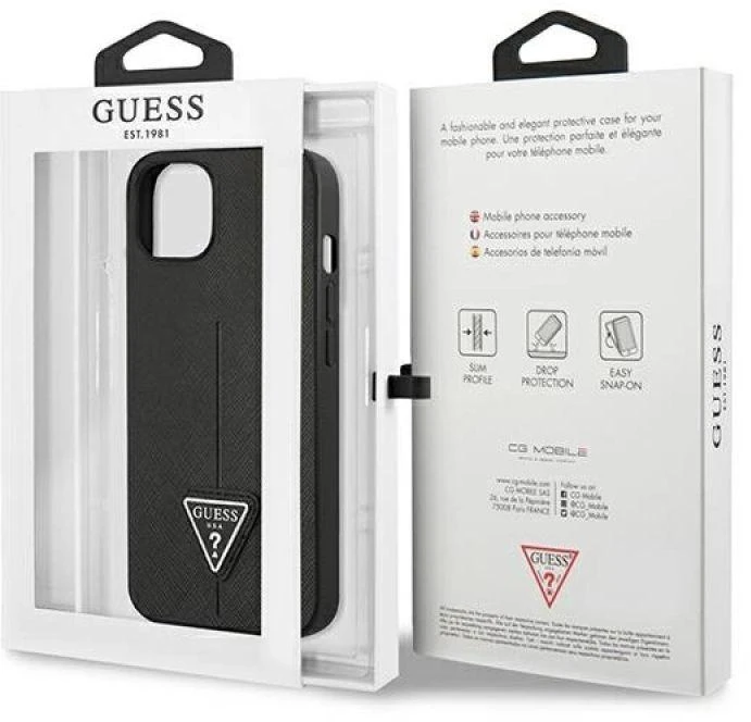 Dėklas GUESS GUHCP14MPSATLK IPHONE 14 PLUS / 15 PLUS 6.7 "Juodas / Juodas HARDCASE SAFFIANOTRIANGLE LOGO