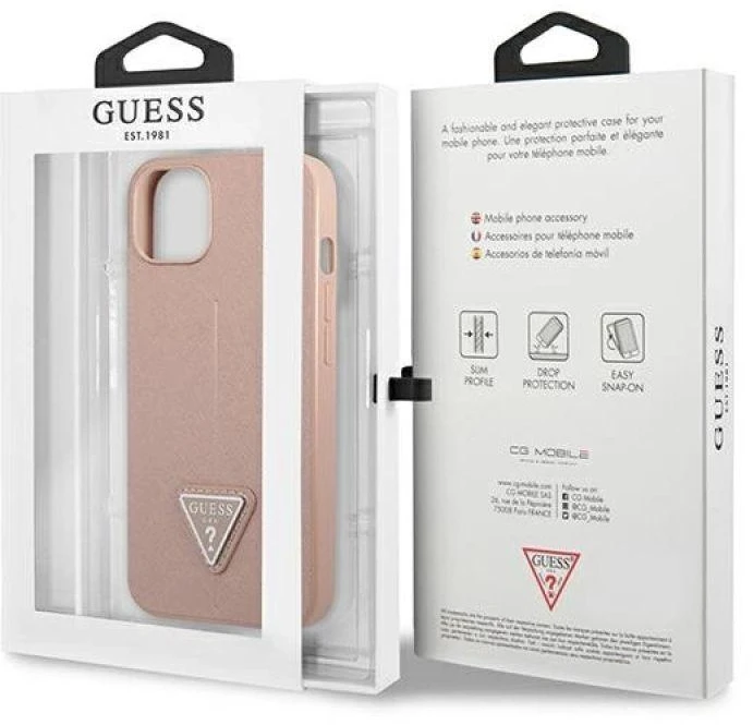 Dėklas GUESS GUHCP14MPSATLP IPHONE 14 PLUS / 15 PLUS 6.7 "Rožinis / Rožinis HARDCASE SAFFIANOTRIANGLE LOGO