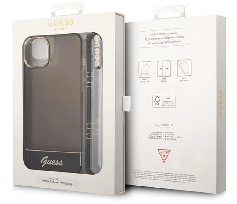 Dėklas Guess GUHCP14SHGCOHK Apple iPhone 14 / 15 / 13 6.1″ juodos spalvos hardcase Translucent Pearl Strap