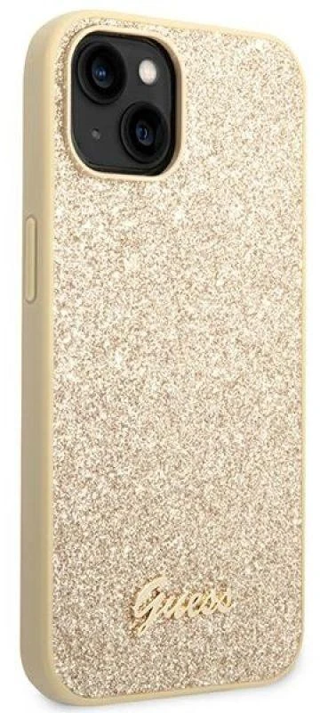 Guess GUHCP14SHGGSHD Apple iPhone 14 / 15 / 13 6.1″ auksinis kietas dėklas Glitter Script
