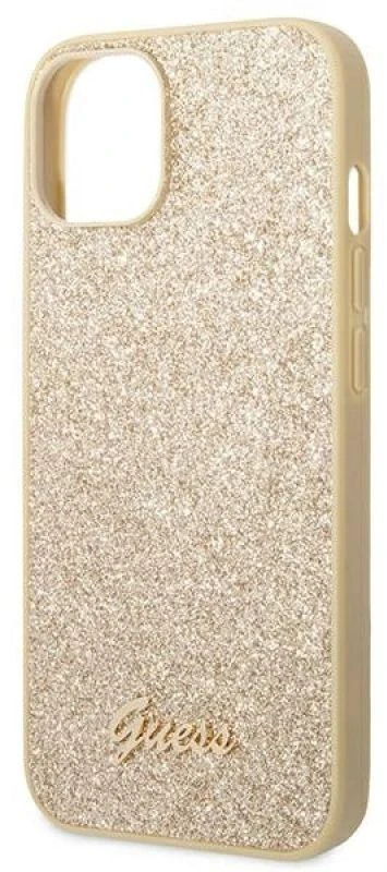 Guess GUHCP14SHGGSHD Apple iPhone 14 / 15 / 13 6.1″ auksinis kietas dėklas Glitter Script