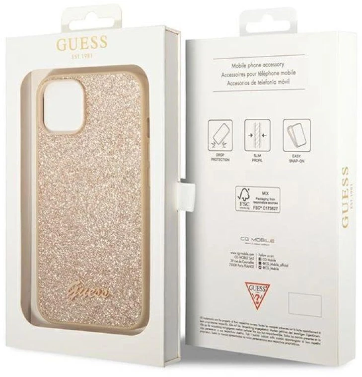 Guess GUHCP14SHGGSHD Apple iPhone 14 / 15 / 13 6.1″ auksinis kietas dėklas Glitter Script