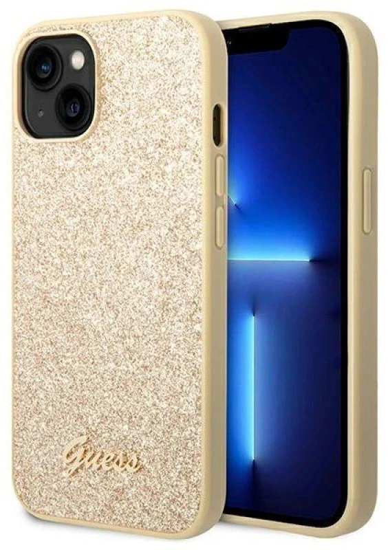 Guess GUHCP14SHGGSHD Apple iPhone 14 / 15 / 13 6.1″ auksinis kietas dėklas Glitter Script