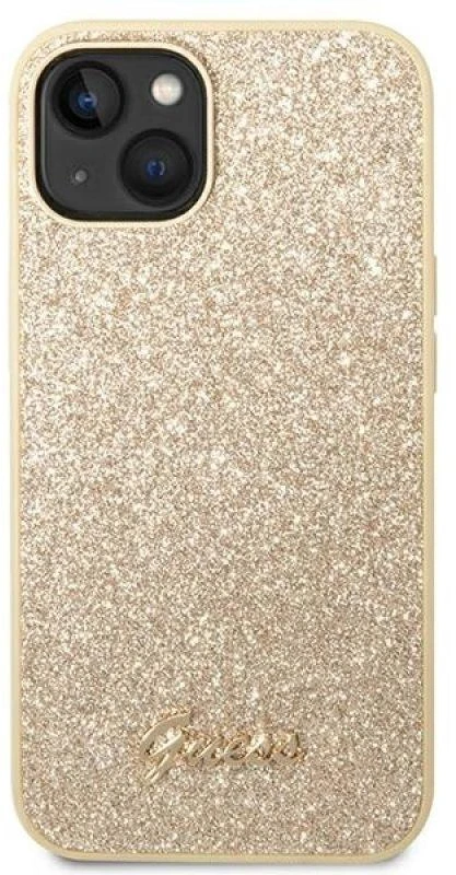 Guess GUHCP14SHGGSHD Apple iPhone 14 / 15 / 13 6.1″ auksinis kietas dėklas Glitter Script