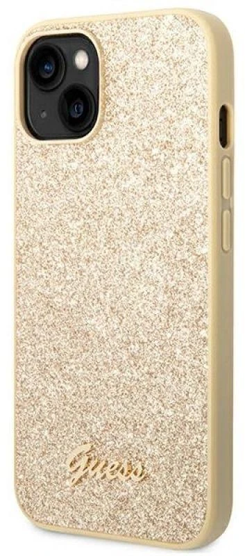 Guess GUHCP14SHGGSHD Apple iPhone 14 / 15 / 13 6.1″ auksinis kietas dėklas Glitter Script