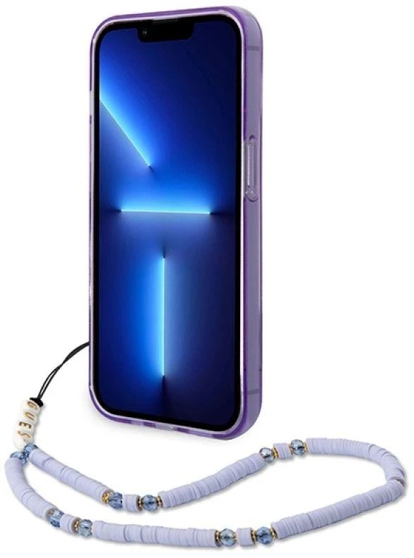Guess GUHCP14XHGCOHU Apple iPhone 14 Pro Max 6,7" violetinis kietas dėklas su permatomu perlų dirželiu