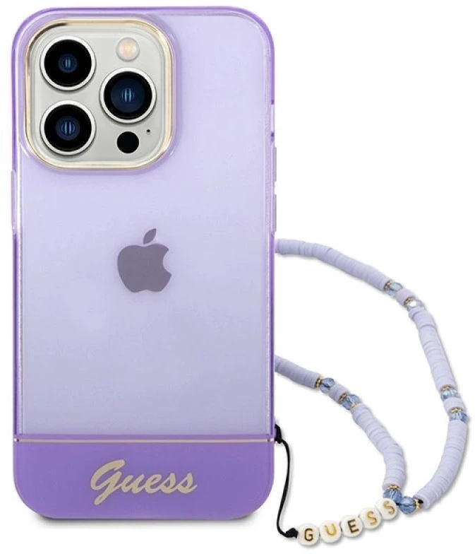 Guess GUHCP14XHGCOHU Apple iPhone 14 Pro Max 6,7" violetinis kietas dėklas su permatomu perlų dirželiu