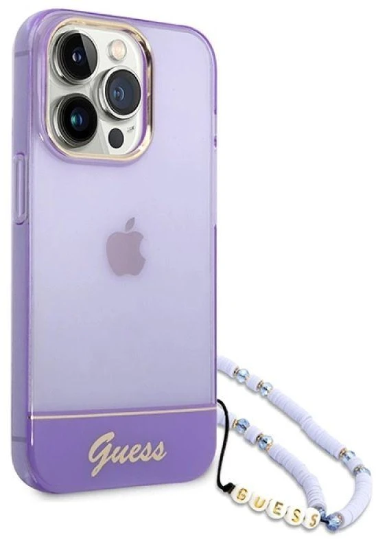 Guess GUHCP14XHGCOHU Apple iPhone 14 Pro Max 6,7" violetinis kietas dėklas su permatomu perlų dirželiu