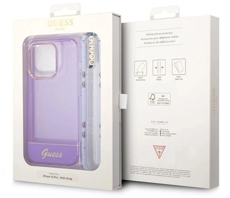 Guess GUHCP14XHGCOHU Apple iPhone 14 Pro Max 6,7" violetinis kietas dėklas su permatomu perlų dirželiu