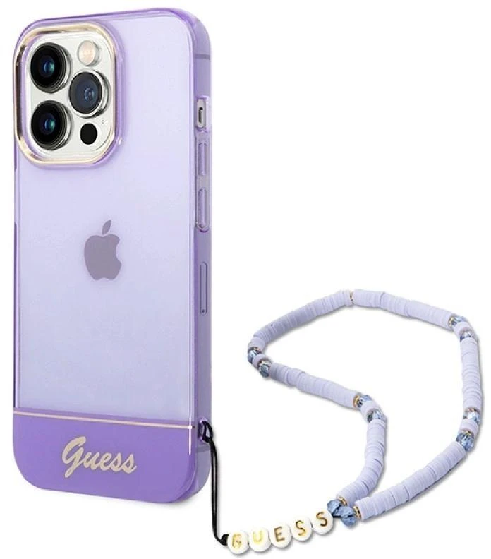 Guess GUHCP14XHGCOHU Apple iPhone 14 Pro Max 6,7" violetinis kietas dėklas su permatomu perlų dirželiu