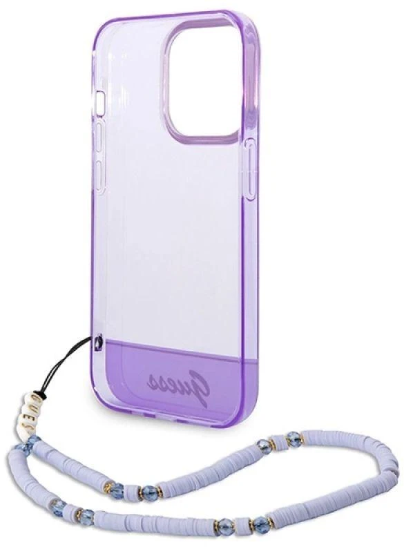 Guess GUHCP14XHGCOHU Apple iPhone 14 Pro Max 6,7" violetinis kietas dėklas su permatomu perlų dirželiu