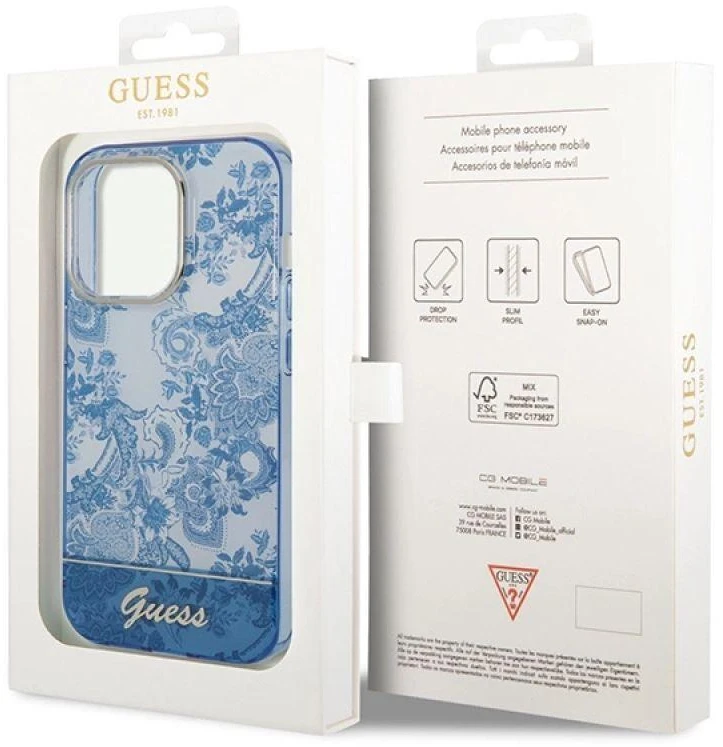 Guess GUHCP14XHGPLHB Apple iPhone 14 Pro Max 6,7″ mėlynas kietas dėklas Porcelain Collection